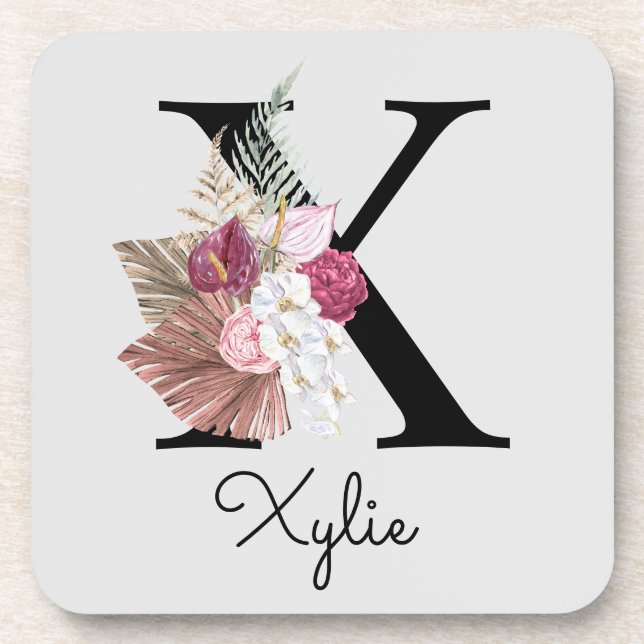 Monogrammed Initial X Pink Boho Floral Coaster (Front)