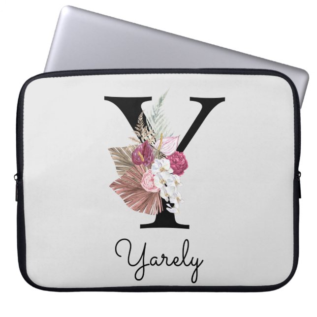 Monogrammed Initial Y Pink Boho Floral Laptop Sleeve (Front)