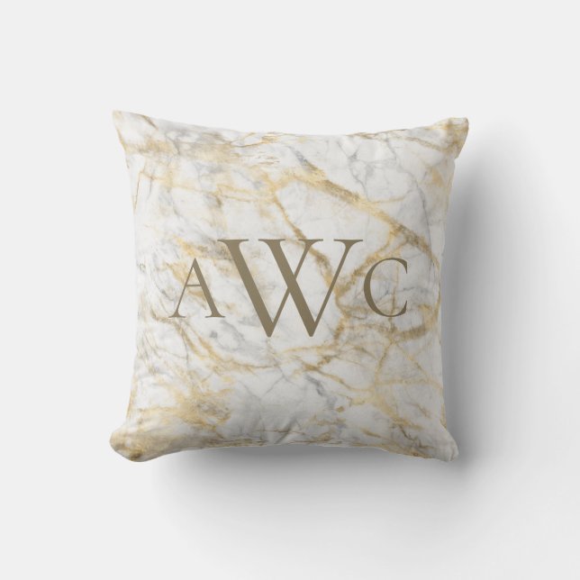 Monogrammed Initials Gold White Grey Marble Gift Cushion (Front)