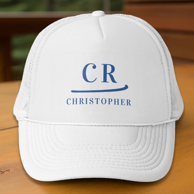 Monogrammed Initials Name Minimalist Blue & White Trucker Hat (Monogrammed Initials Name Minimalist Blue & White Trucker Hat)