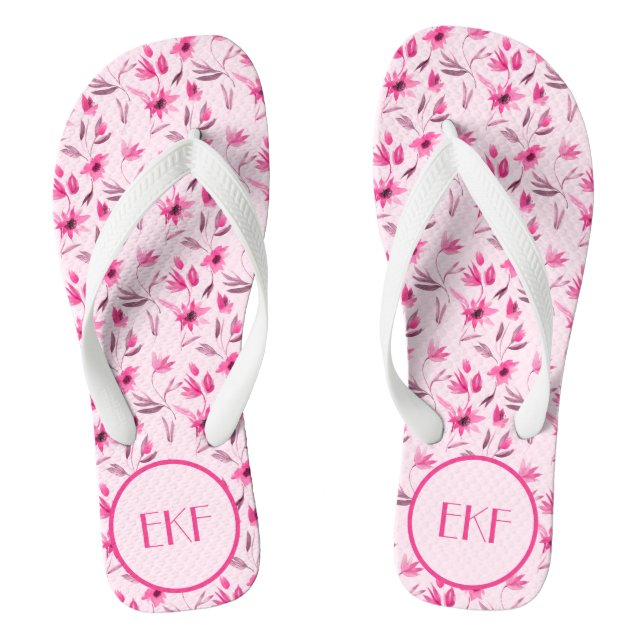 Monogrammed Initials Pink Floral Women's  Thongs (Footbed)