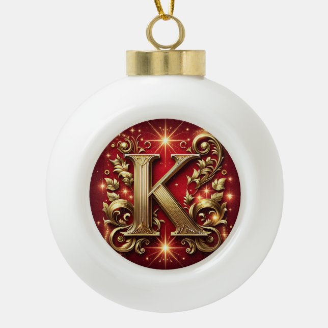 Monogrammed "K" Ceramic Ball Christmas Ornament (Front)