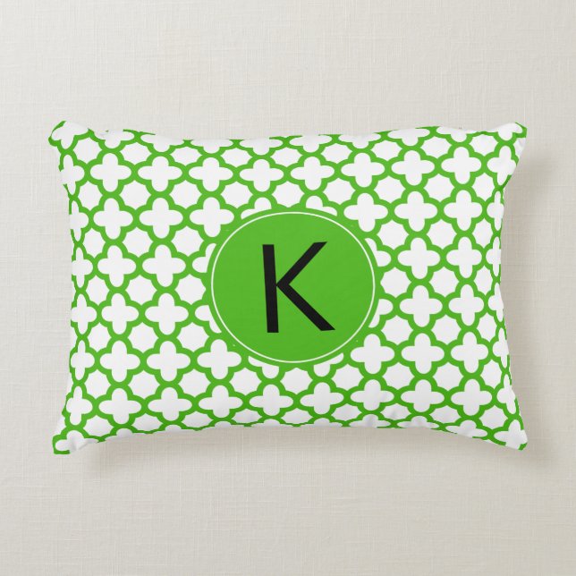 Monogrammed Kelly Green Quatrefoil Pattern Decorative Cushion (Front)