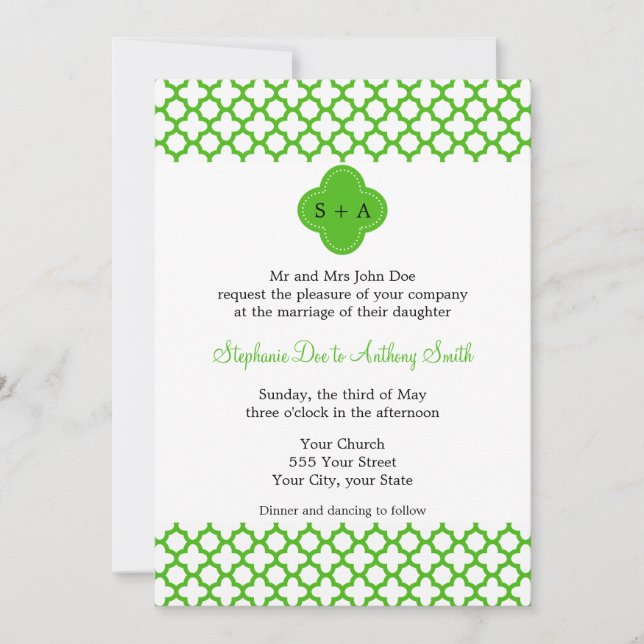 Monogrammed Kelly Green Quatrefoil Pattern Wedding Invitation (Front)