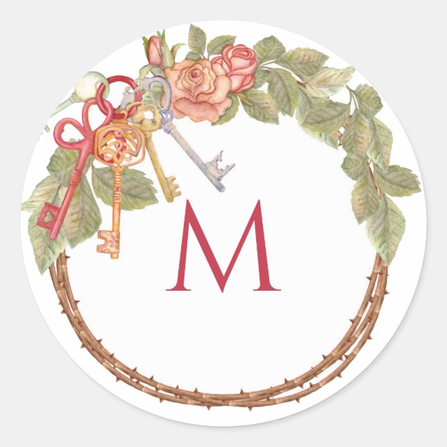 Monogrammed Key & Wreath  Classic Round Sticker (Front)
