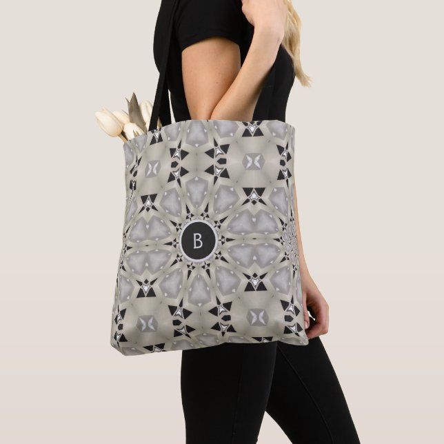 Monogrammed Khaki Tan Black Geometric  Tote Bag (Close Up)