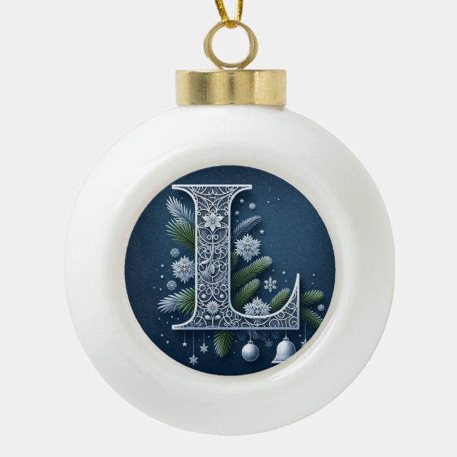 Monogrammed "L" Ceramic Ball Christmas Ornament (Front)
