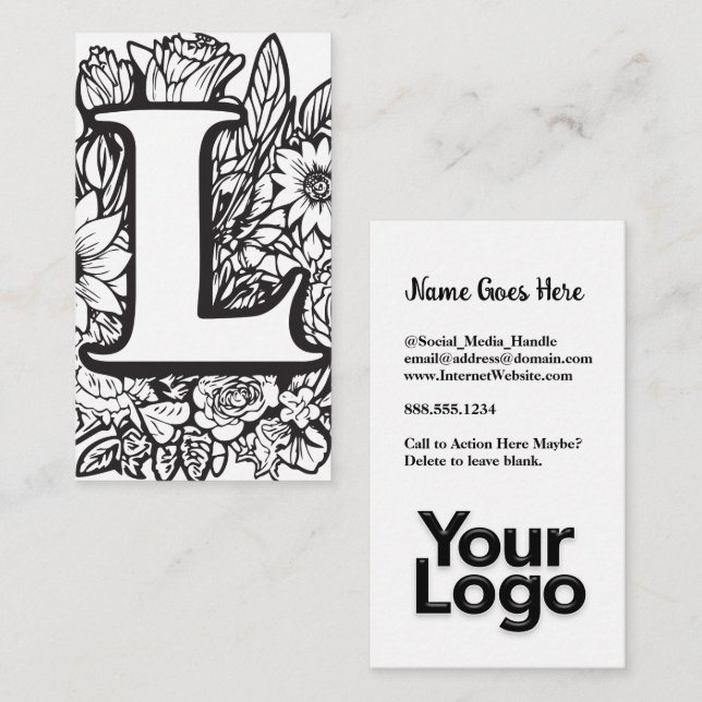 Monogrammed L Floral Black and White Company Logo  Business Card (Front/Back)