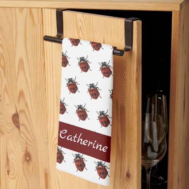 Monogrammed Ladybug Pattern  Tea Towel (Thirds Fold)