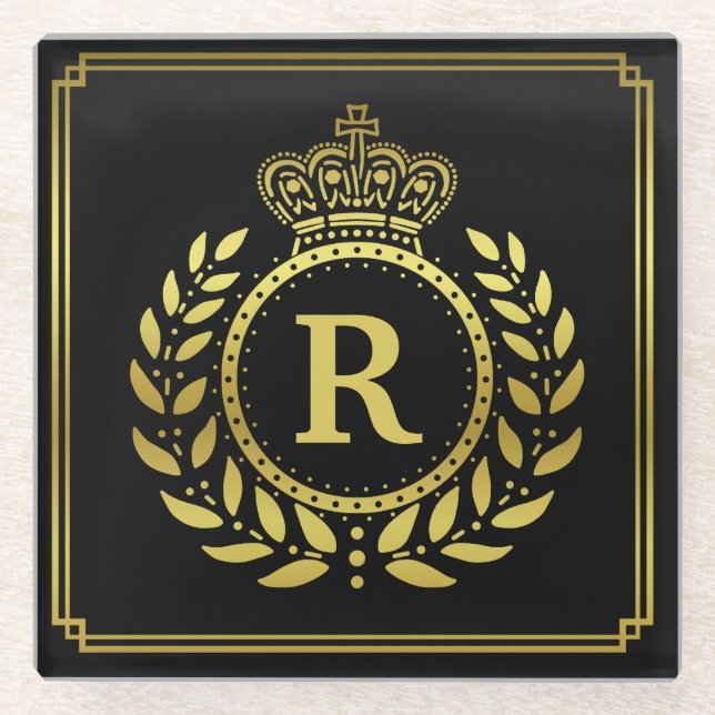 Monogrammed Laurel Wreath Crown Deco Black Gold Glass Coaster (Front)