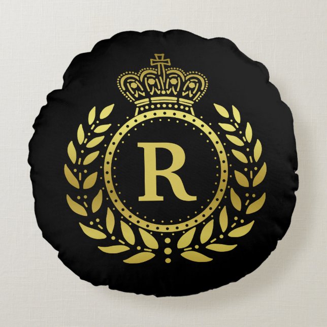 Monogrammed Laurel Wreath Crown Deco Black Gold Round Cushion (Front)