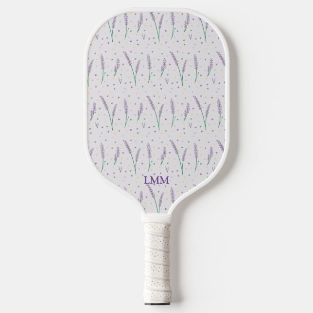 Monogrammed Lavender Hearts Girly Pretty Preppy Pickleball Paddle (Front)