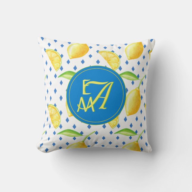 Monogrammed Lemon Tree Royal Blue Home Decor Cushion (Front)