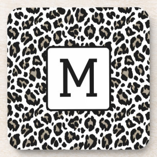 Monogrammed Leopard Print Black and White Coaster