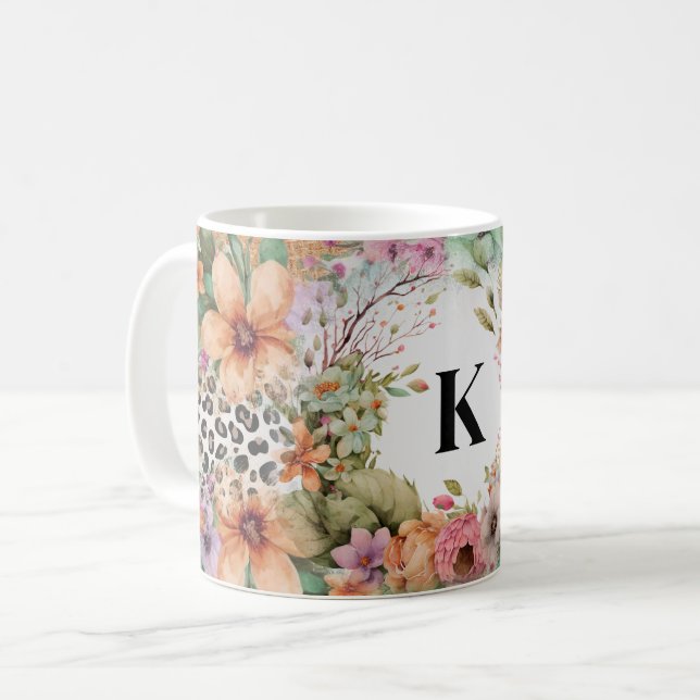 Monogrammed Leopard Print Floral Coffee Mug (Front Left)
