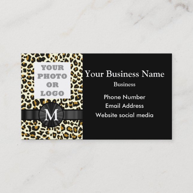 Monogrammed leopard print pattern business card (Front)
