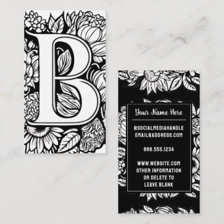 Monogrammed Letter B Black and White Floral Flower Business Card