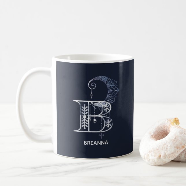 Monogrammed Letter B Boho Crescent Moon Mandala Coffee Mug (With Donut)