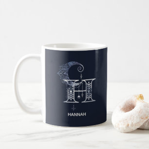 Monogrammed Letter H Boho Crescent Moon Mandala Coffee Mug