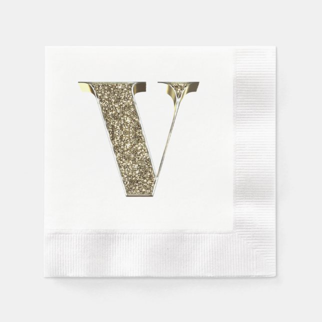Monogrammed Letter Initial V Gold Sparkles Elegant Napkin (Front)