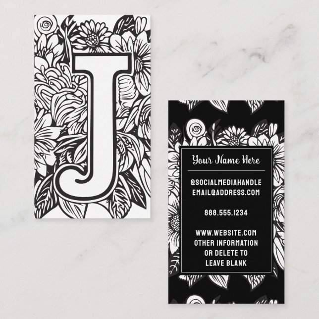 Monogrammed Letter J Black and White Floral Flower Business Card (Front/Back)