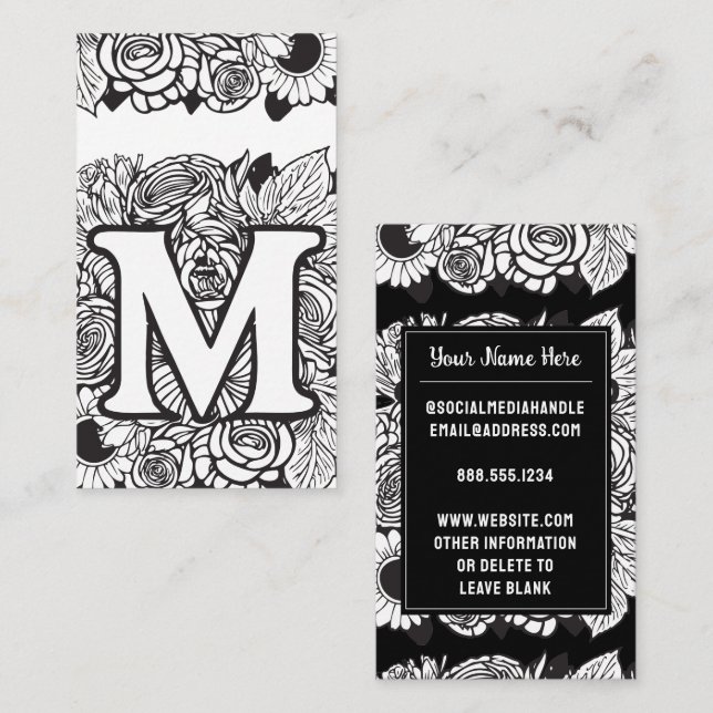 Monogrammed Letter M Black and White Floral Flower Business Card (Front/Back)
