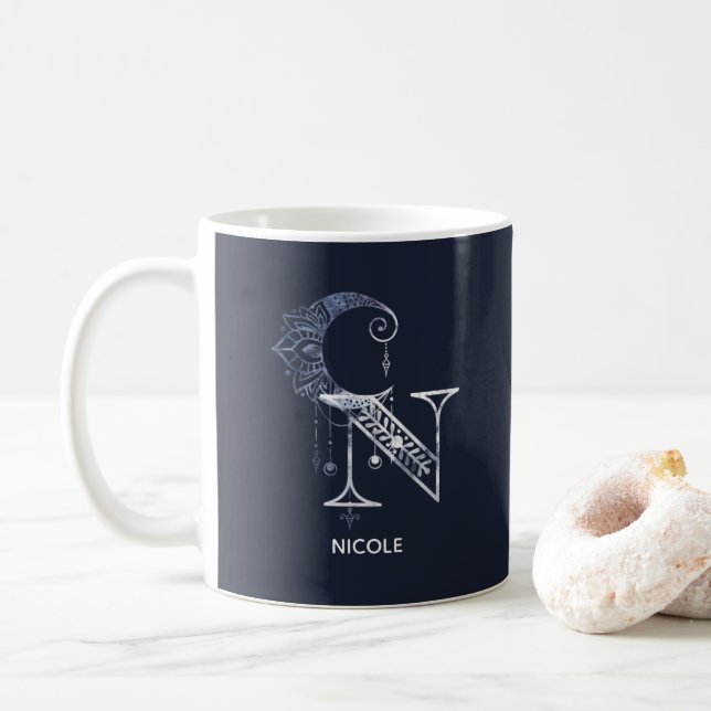 Monogrammed Letter N Boho Crescent Moon Mandala Coffee Mug (With Donut)
