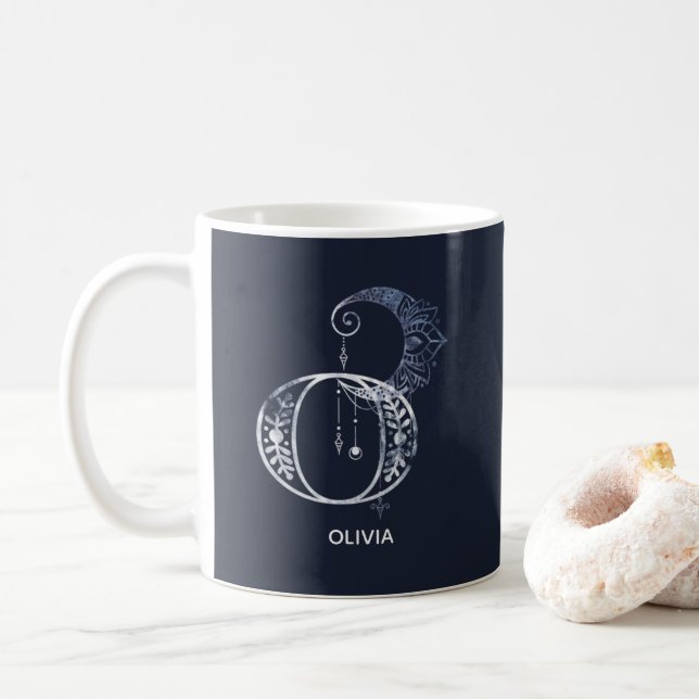 Monogrammed Letter O Boho Crescent Moon Mandala Coffee Mug (With Donut)