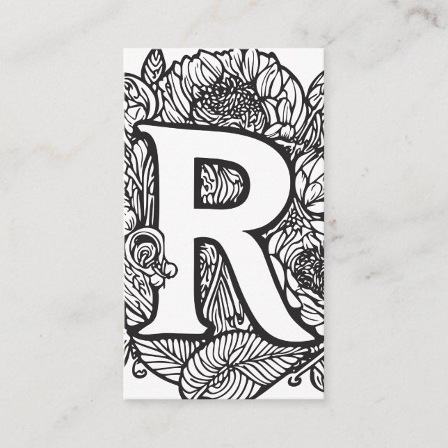 Monogrammed Letter R Simple Black and White Floral Business Card (Front)