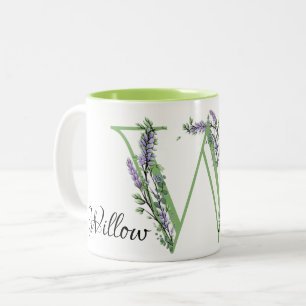 monogrammed letter W Lavender eucalyptus  Two-Tone Coffee Mug