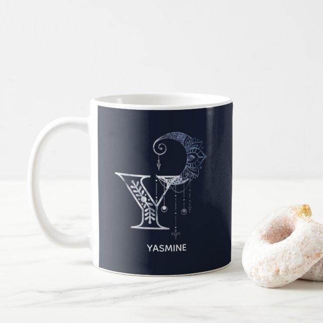 Monogrammed Letter Y Boho Crescent Moon Mandala Coffee Mug (With Donut)