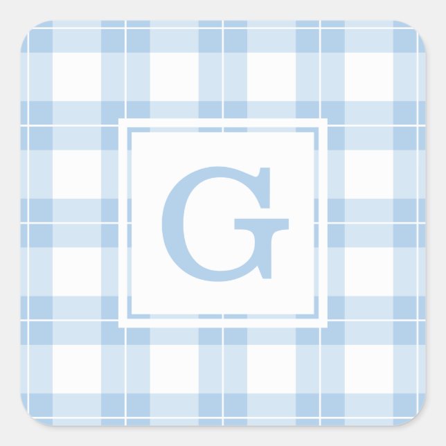 Monogrammed Light Blue and White Plaid Pattern Square Sticker (Front)