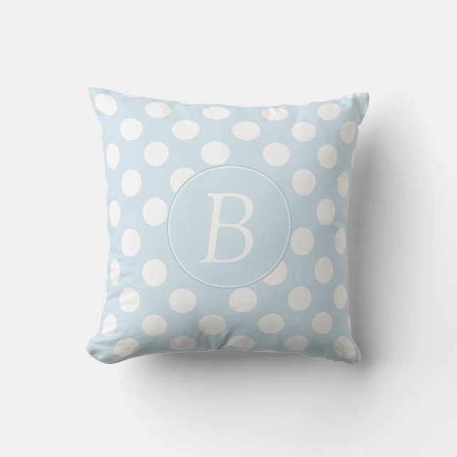 Monogrammed Light Blue and White Polka Dot Pillow (Front)