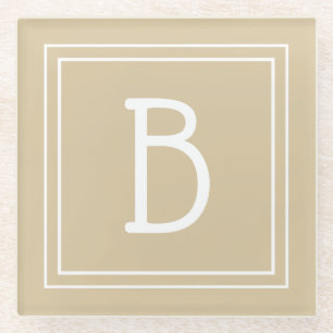 Monogrammed Light Brown Neutral & White Initial Glass Coaster