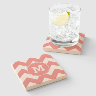 Monogrammed Light Coral Zigzag Pattern Stone Coaster