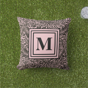 Monogrammed Light Pink and Black Chic Botanical Cushion