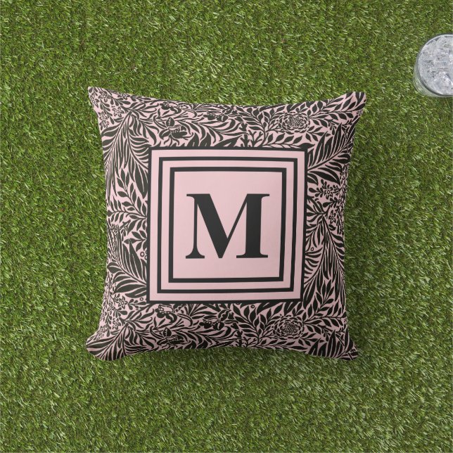 Monogrammed Light Pink and Black Chic Botanical Cushion (Grass)