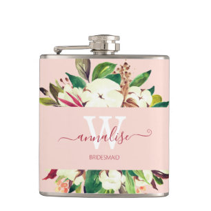 Monogrammed Light Pink Floral Bridesmaid Hip Flask