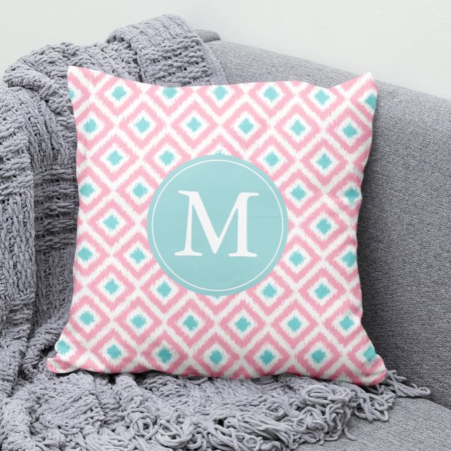 Monogrammed Light Pink Mint Diamonds Ikat Pattern Cushion (Creator Uploaded)