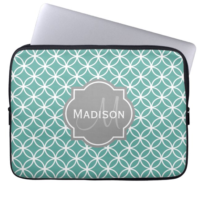 Monogrammed Light Teal Circle Pattern Laptop Sleeve (Front)