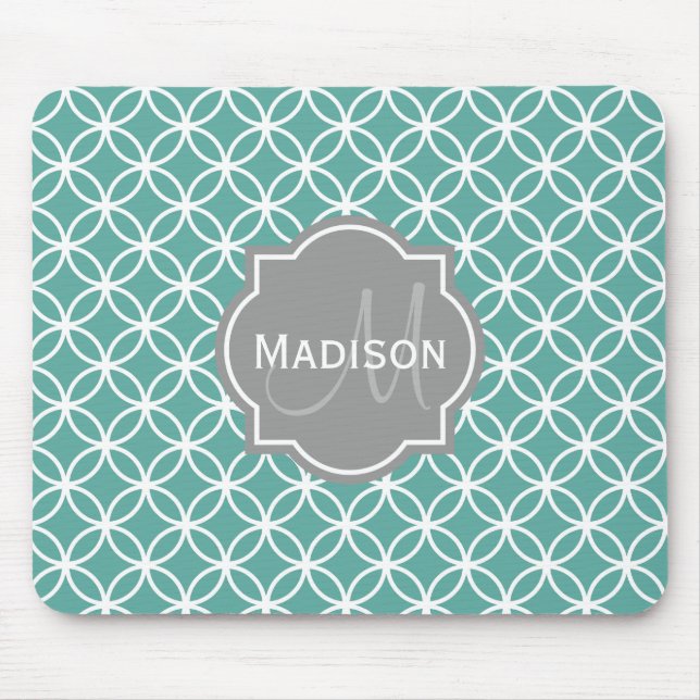 Monogrammed Light Teal Circle Pattern Mouse Pad (Front)