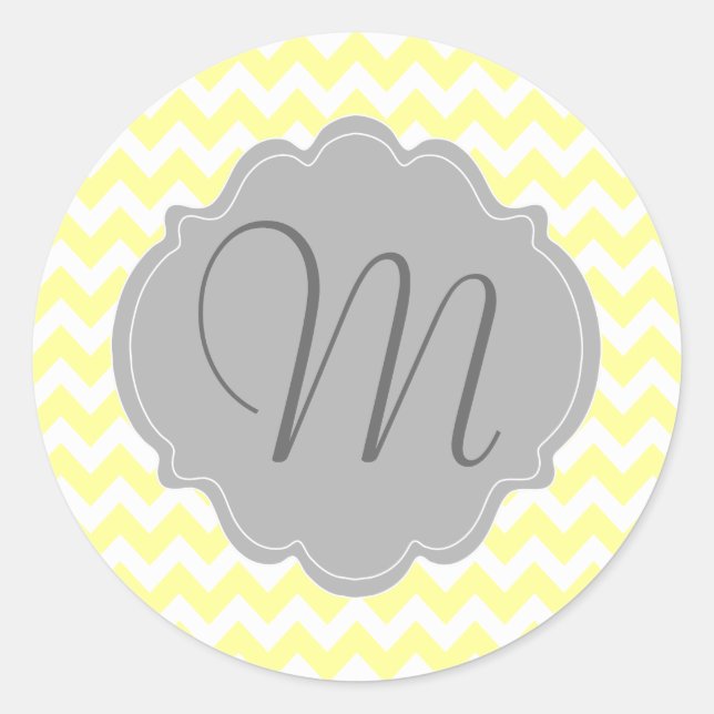 Monogrammed Light Yellow and Grey Chevron Pattern Classic Round Sticker (Front)