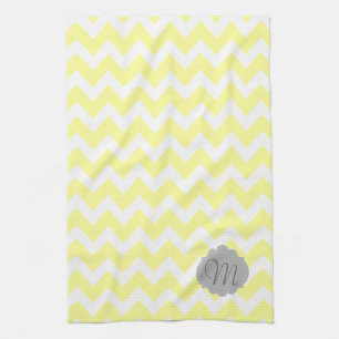 Monogrammed Light Yellow and Grey Chevron Pattern Tea Towel
