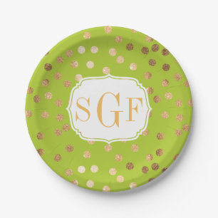 Monogrammed Lime Green and Gold Glitter Dots Paper Plate