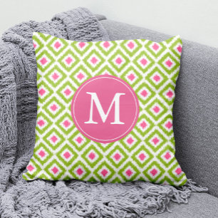 Monogrammed Lime Green Pink Diamonds Ikat Pattern Cushion