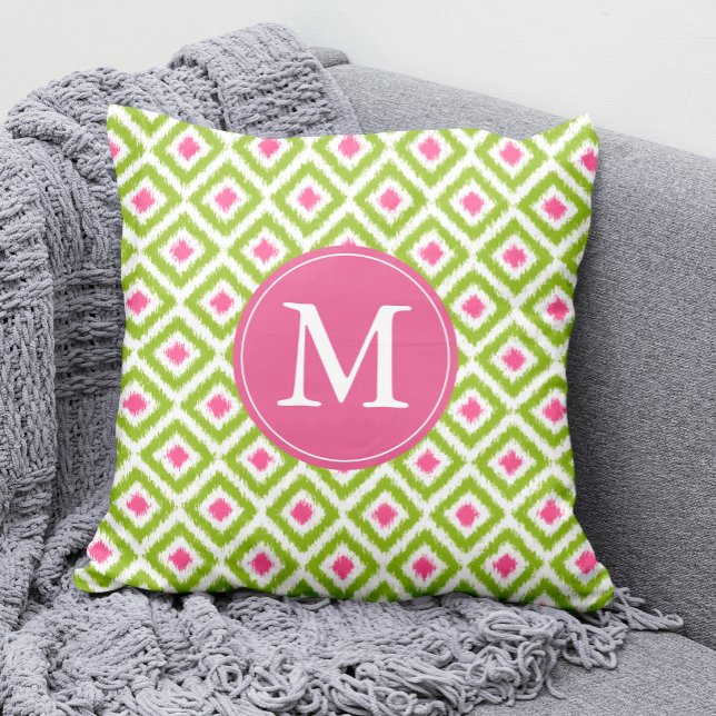 Monogrammed Lime Green Pink Diamonds Ikat Pattern Cushion (Creator Uploaded)