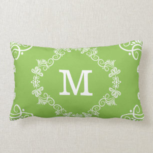 Monogrammed Lime Green White Decorative Lumbar Cushion
