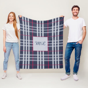 Monogrammed London Plaid Checked Navy Blue Fleece Blanket