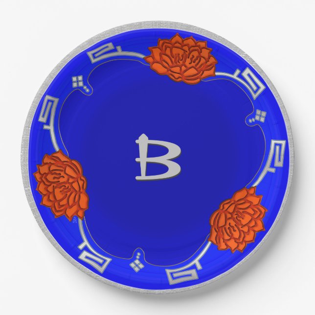 Monogrammed Lotus Blossom - Blue, Red, Silver Paper Plate (Front)