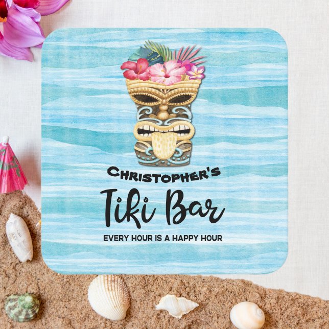 Monogrammed Luau Tiki Bar Party Round Paper Coaster (Creator Uploaded)
